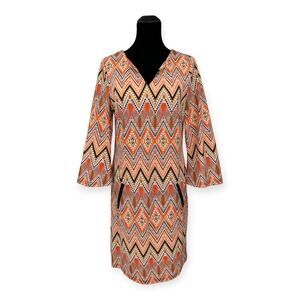 Aryeh | Large | Retro Geometric Print V-Neck 3/4 Bell Sleeve Mini Shift Dress